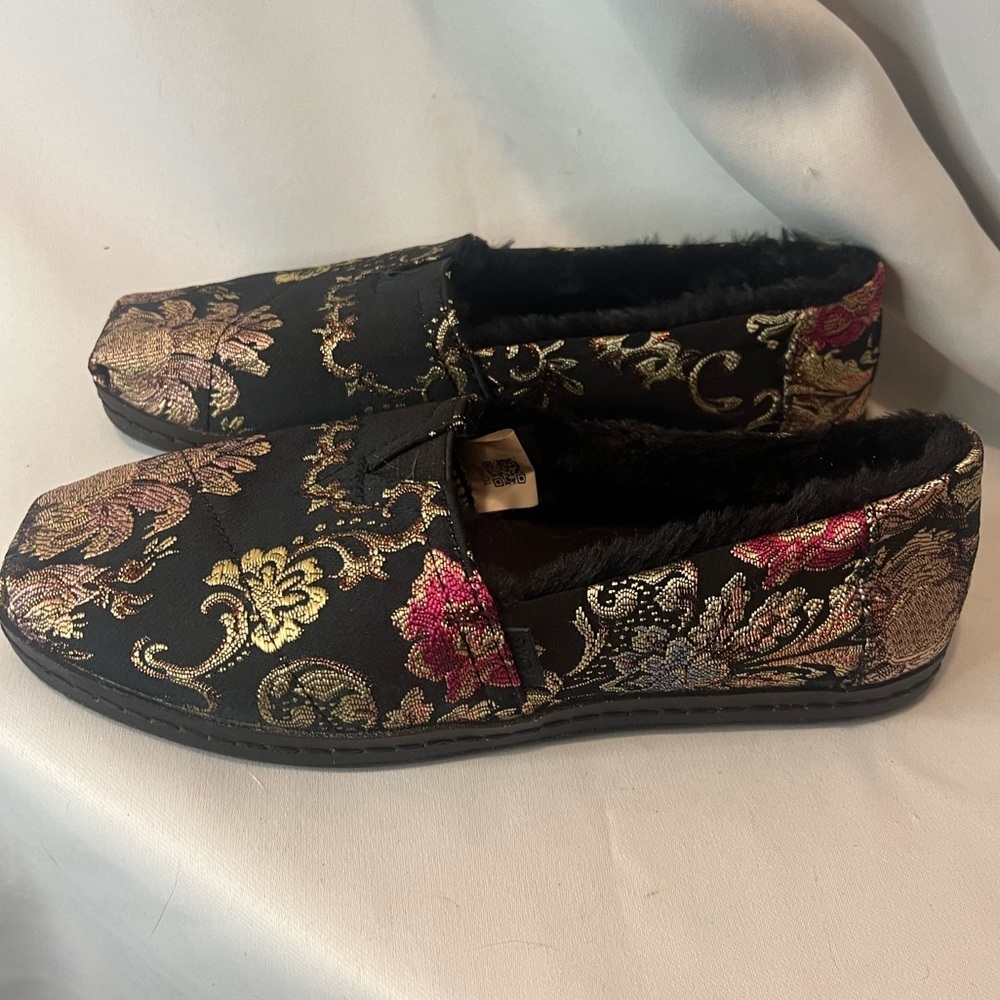 Toms Black and Gold Alpergata Floral Loafers